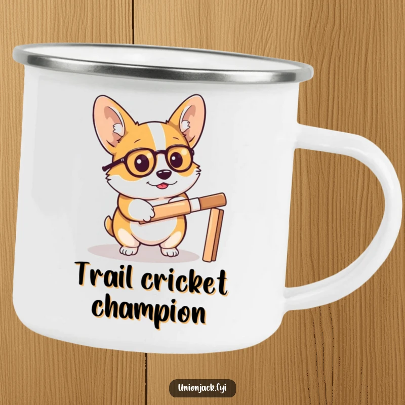 Funny corgi camping mug features a determined corgi wearing a monocle, holding a cricket bat, ideal for outdoor fun and humor.