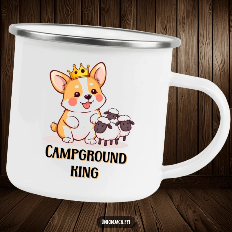 Funny camping mug showing a playful corgi in a tiny crown, comically herding sheep, for outdoor laughs.