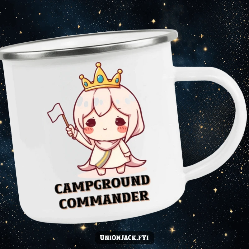 Funny camping mug with a character in a tiny crown waving a flag, perfect for durable outdoor use and royal fun.