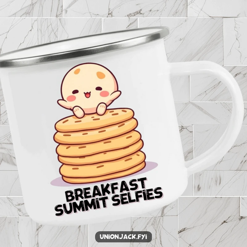 Funny camping mug with a character balancing on crumpets, ready for outdoor adventures. Durable and humorous drinkware.