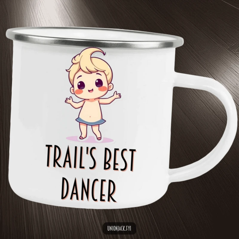 Funny camping mug with a character doing a silly, proud dance with wiggling hips, evoking outdoor fun and humorous movement.