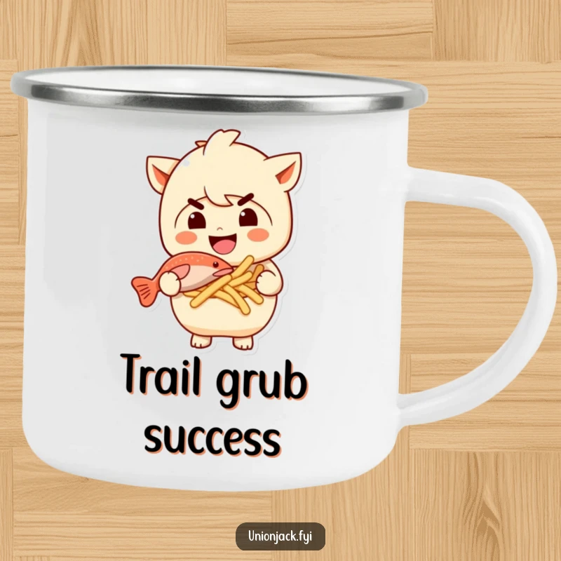 Funny camping mug with a character holding fish and chips and a mischievous grin. Rustic and humorous drinkware for the outdoors.