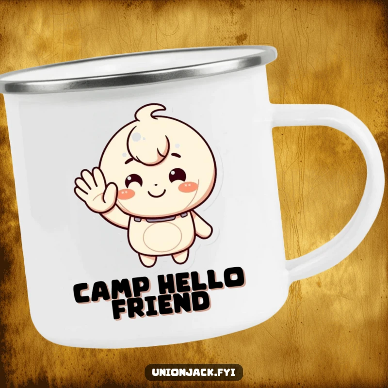 Funny camping mug with a character giving a warm, inviting wave and a smile, evoking outdoor friendliness and humorous greetings.