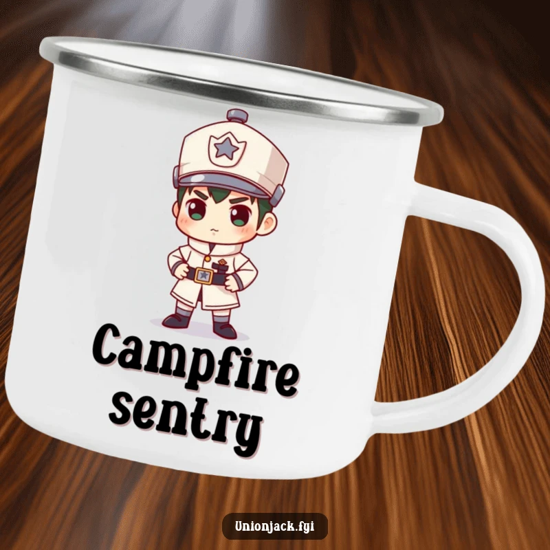 Funny camping mug with a character in a comically stiff guard stance, perfect for outdoor enthusiasts who appreciate a good laugh.