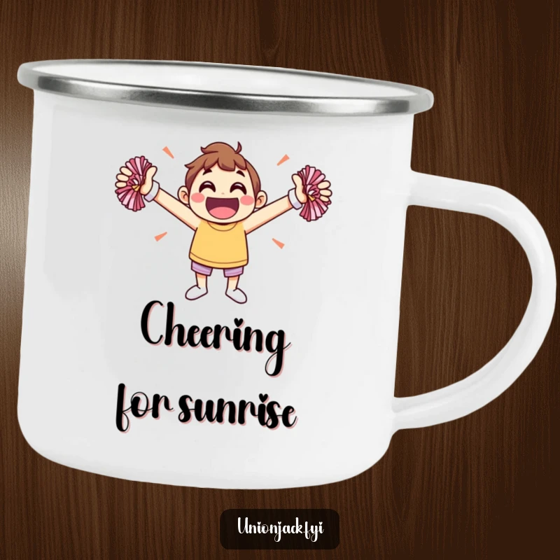 Funny camping mug with a jovial character cheering with pom-poms, ready for energetic outdoor activities.