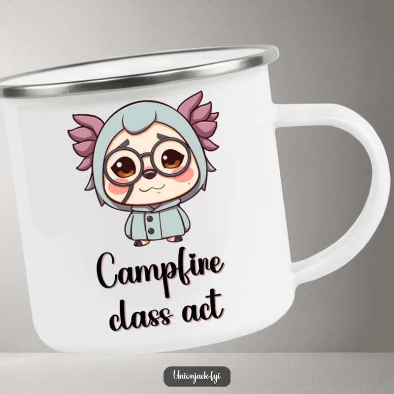 Funny camping mug with a character making a funny face while wearing a monocle. Durable and humorous drinkware for discerning adventurers.