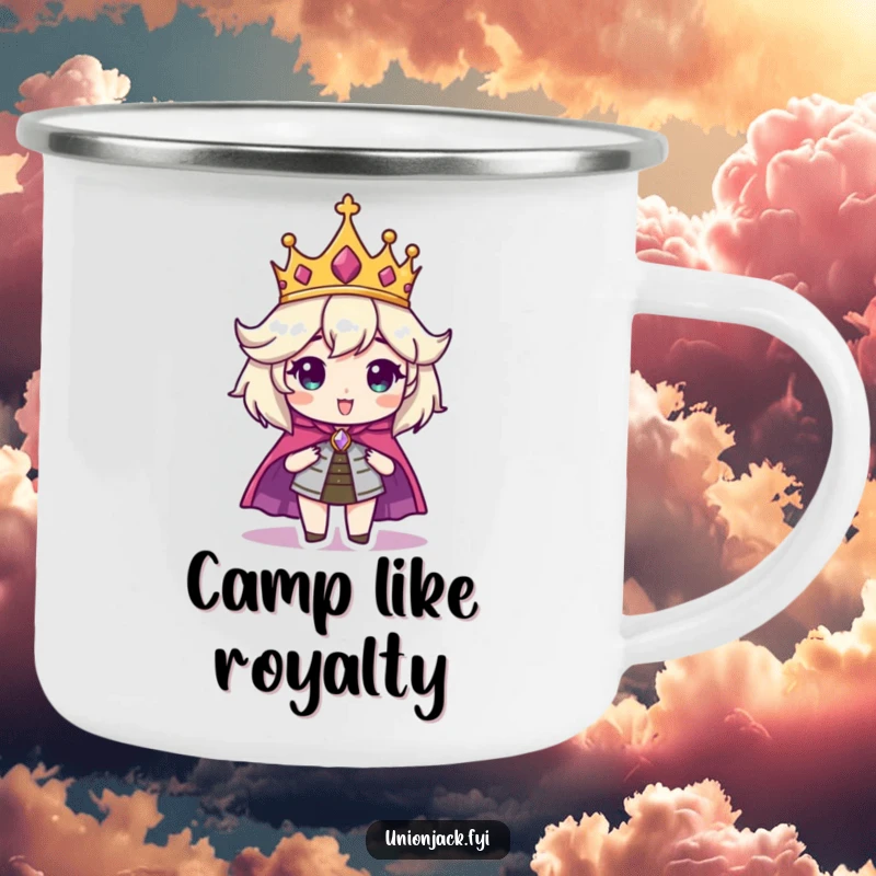 Funny camping mug featuring a character looking regal in a crown and cape, perfect for outdoor drinks and royal enjoyment.