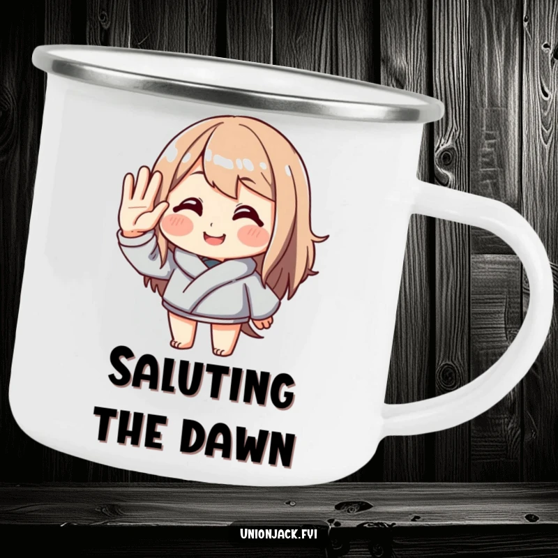 Funny camping mug with a character giving an exaggerated, polite salute and a smile, perfect for outdoor enthusiasts. Durable and humorous for any trip.