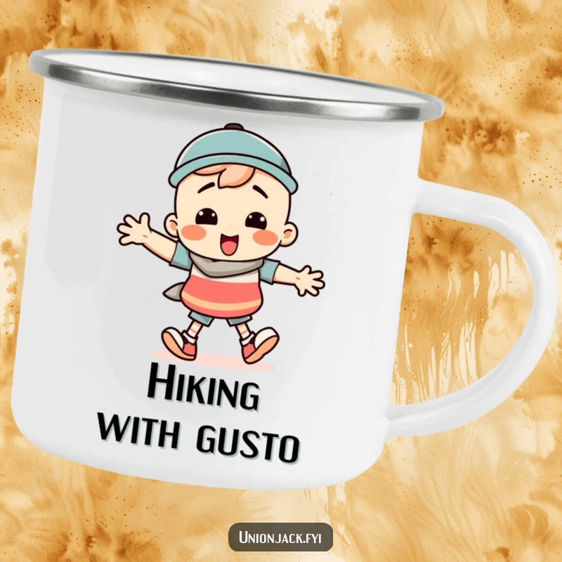 Funny camping mug with a character doing a silly march with comically exaggerated steps, perfect for outdoor fun.