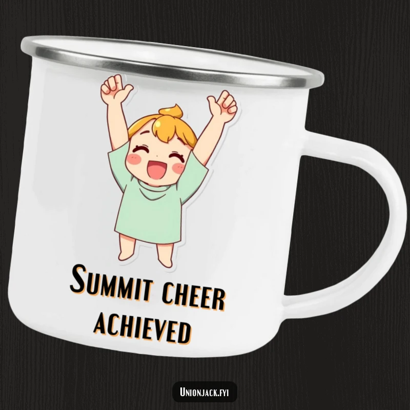 Funny Camping Mug: Character cheering with arms raised in triumph, ready for outdoor enjoyment and celebrating wins.