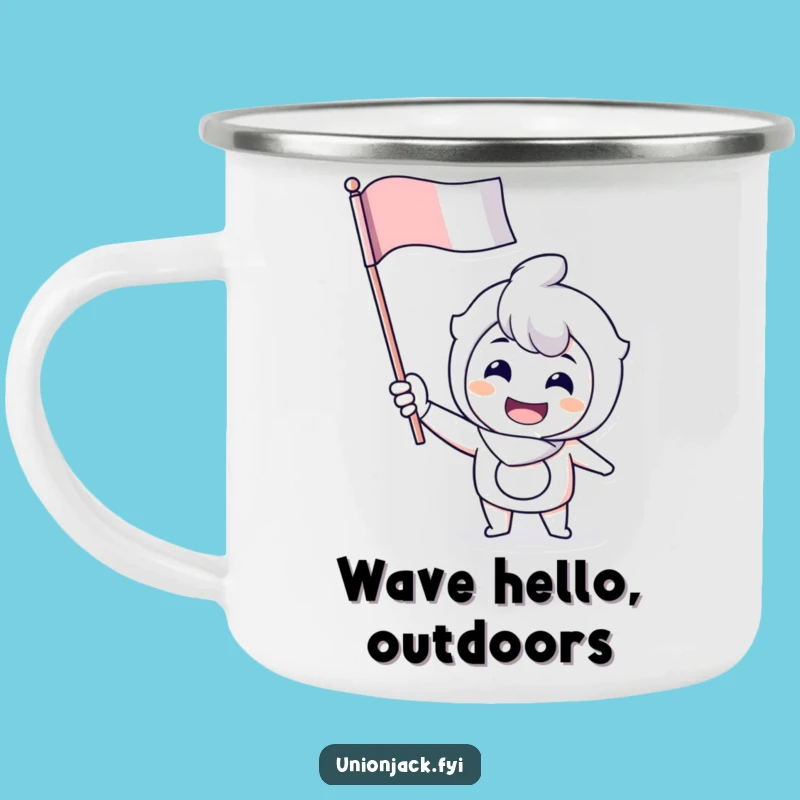 Funny Waving Flag Camping Mug: Cheerful Grin for Outdoor Spirit