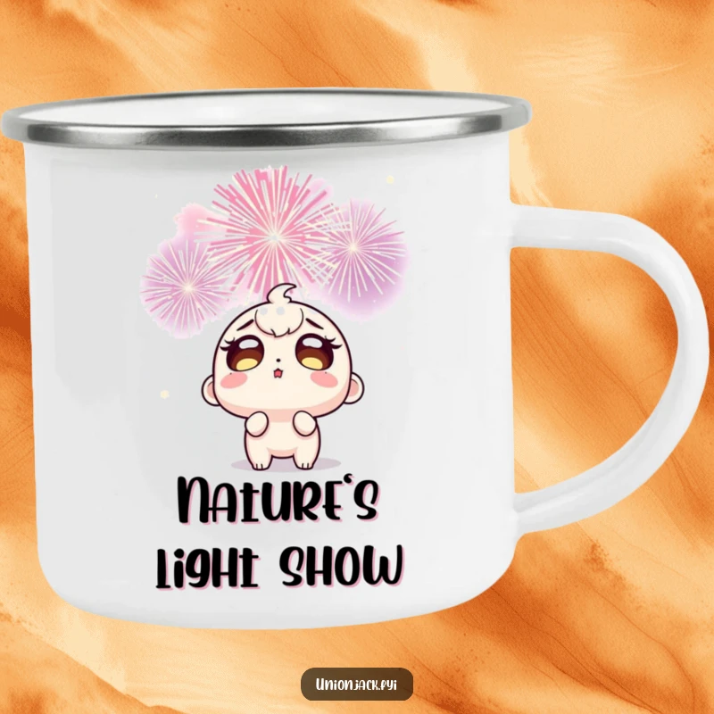 Funny camping mug with a wide-eyed character looking up in awe at exploding celebratory fireworks, ideal for outdoor escapades.
