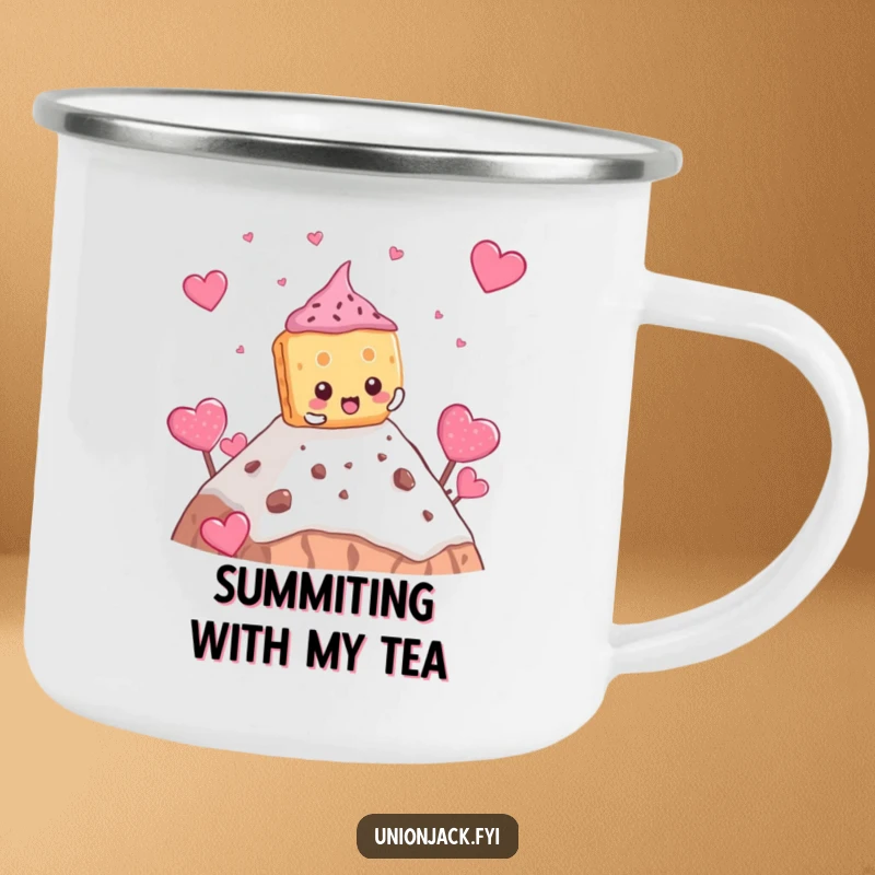 Funny biscuit camping mug featuring a determined character comically climbing a teacake mountain, for rugged humor.