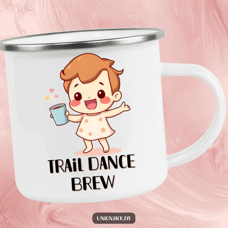 Funny Camping Mug: A happy character dancing with a cup, ideal for outdoor adventures, bringing joy and warmth with every sip.
