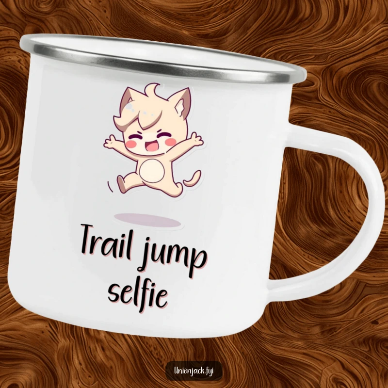 Funny camping mug with a character in a determined, playful jump. Durable and humorous drinkware for outdoor enthusiasts.