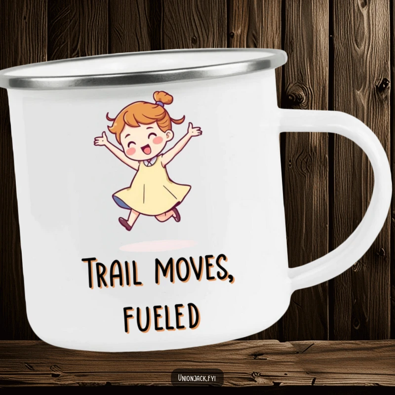 Funny camping mug showing a character in a jaunty, energetic dance stride, ready for campfire mornings. Durable and humorous for all your outdoor adventures.
