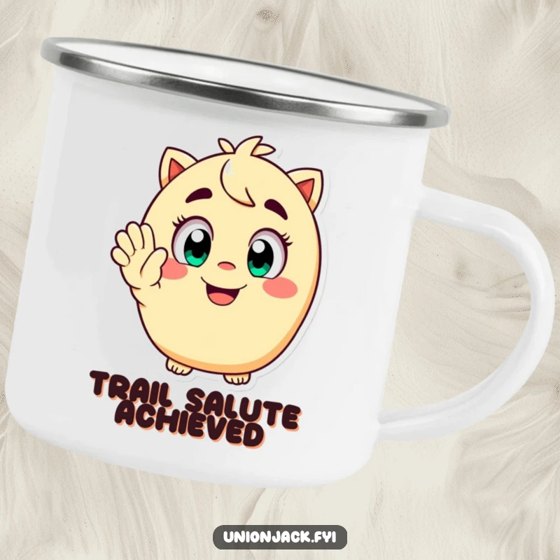 Funny camping mug with a happy character, wide eyes, and a playful grin, saluting enthusiastically, perfect for outdoor adventures and humor.