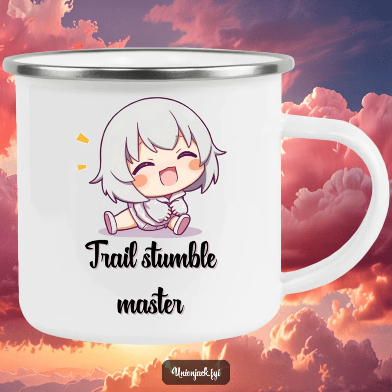 Funny camping mug featuring a character comically tripping but smiling, perfect for outdoor enthusiasts.