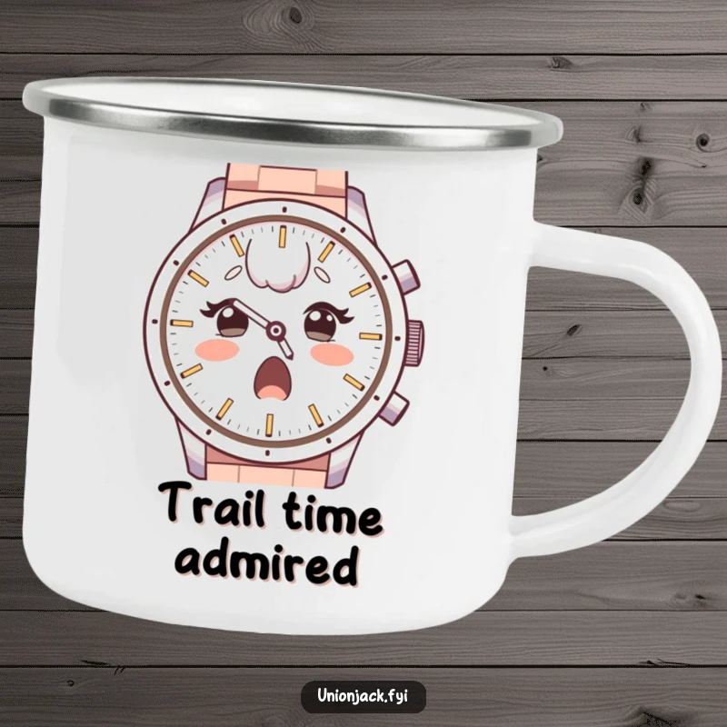 Funny camping mug with a surprised character, raised eyebrows, looking with admiration at a large watch face, perfect for outdoor intrigue and humor.