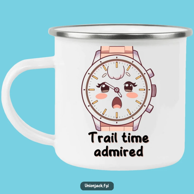 Funny Camping Mug: Surprised Character Admires Watch Face, Durable Funny Gift