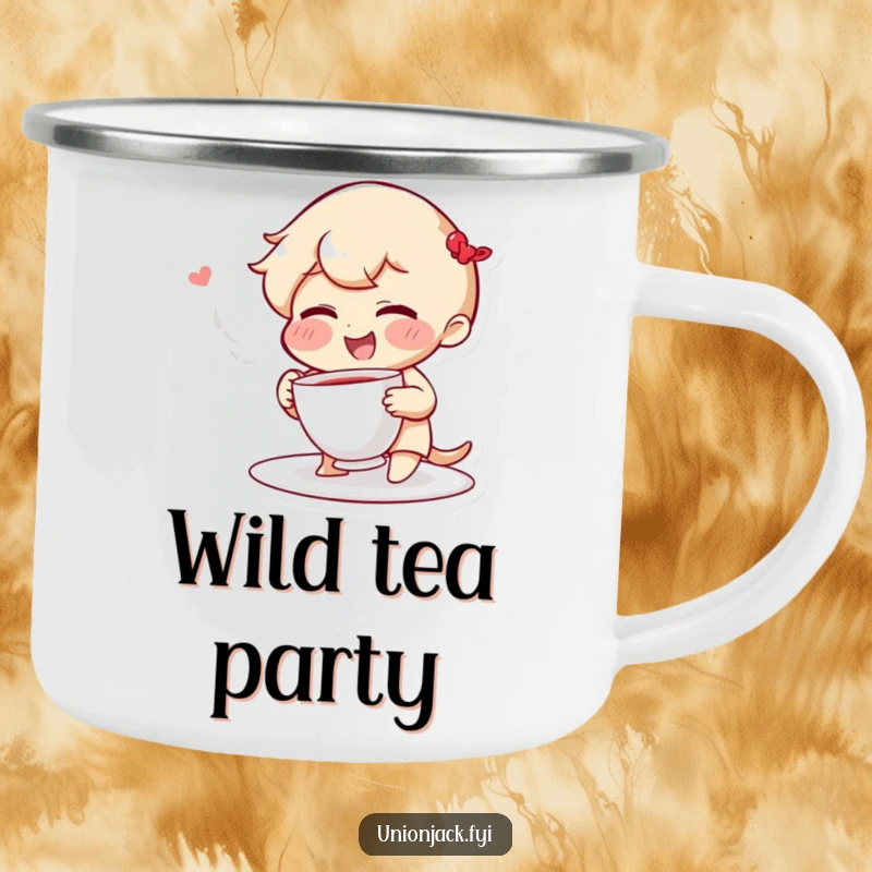 Funny camping mug with a giggling character, rosy cheeks, playfully tossing a teacup, perfect for outdoor adventures and lighthearted fun.