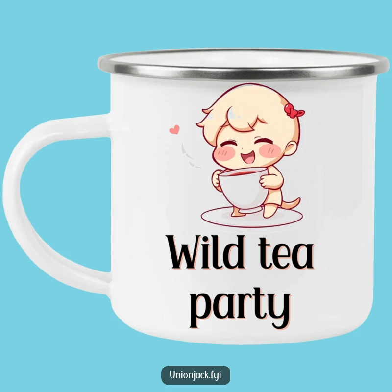 Funny Camping Mug: Giggling Character Tosses Teacup, Durable Funny Gift