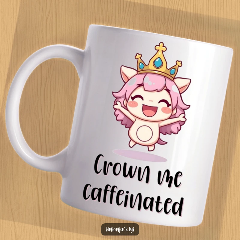 Funny mug featuring a character excitedly bouncing with a regal crown positioned askew, embodying pure joy and playful royalty.