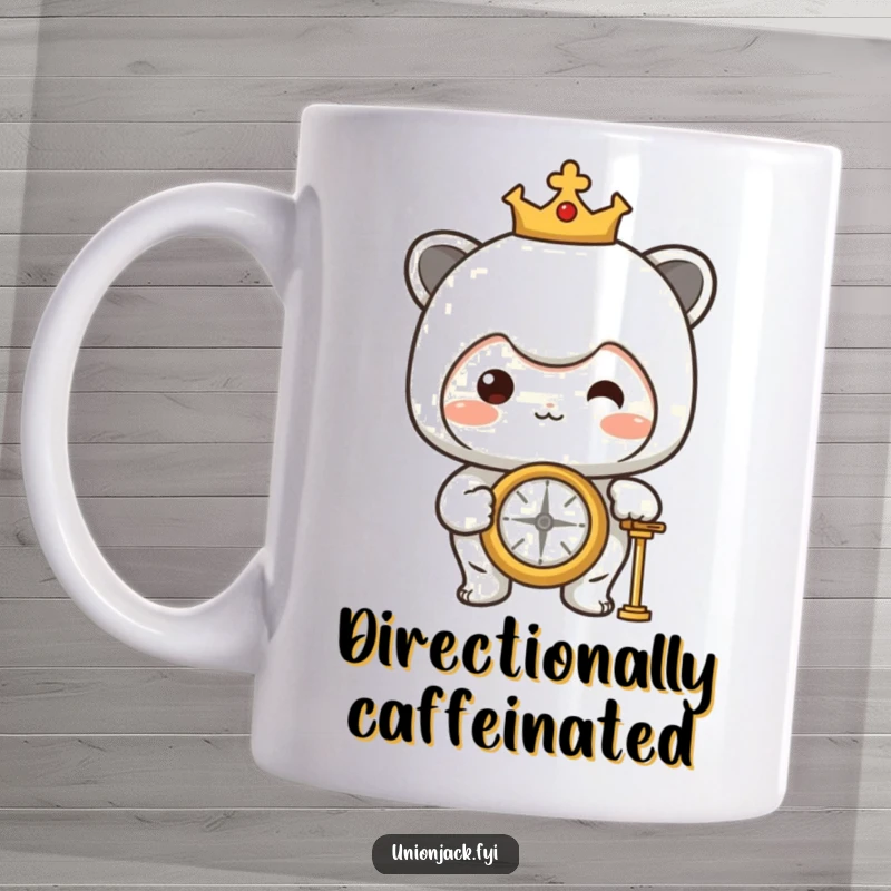 Funny Mug: Character with a proud expression looking intently at a compass, signifying a confident and humorous sense of direction.