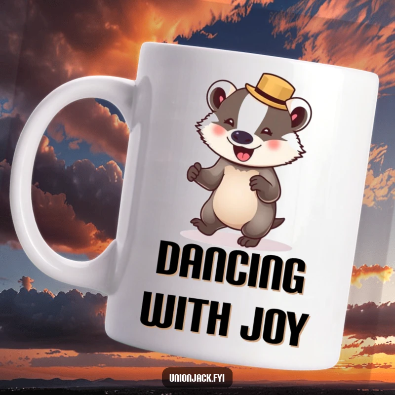 Funny badger mug shows a delighted badger in a bowler hat, attempting to waltz with joyful abandon.