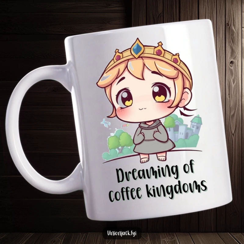 Funny mug showing a character with wide, amazed eyes looking intently at a magnificent, distant castle on the horizon.