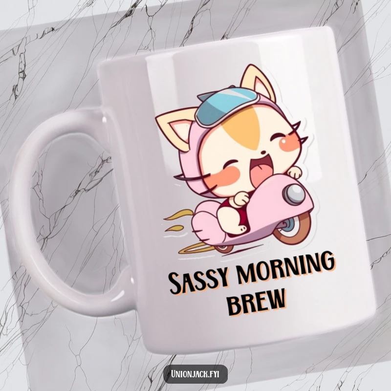 Funny mug showing a character playfully sticking its tongue out from beneath the brim of a stylish bowler hat.