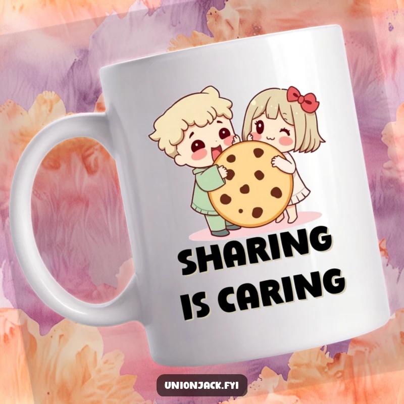 Funny mug shows a character happily sharing a giant cookie with a friend, embodying humorous camaraderie and sweet friendship.