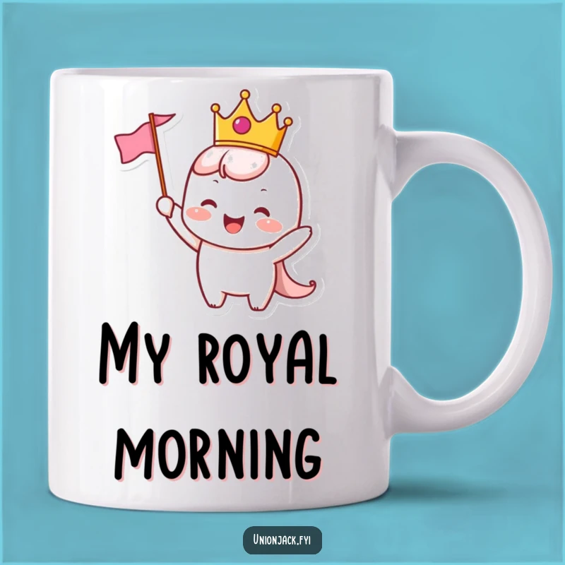 Funny Crowned Character Mug: Joyful Waving Flag Royalty - Perfect Funny Gift!