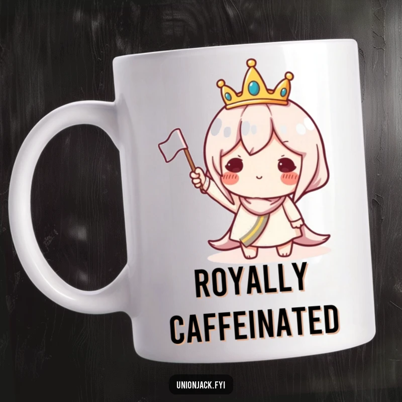 Funny mug showing a character wearing a small crown and waving a tiny flag with a proud and cheerful demeanor.