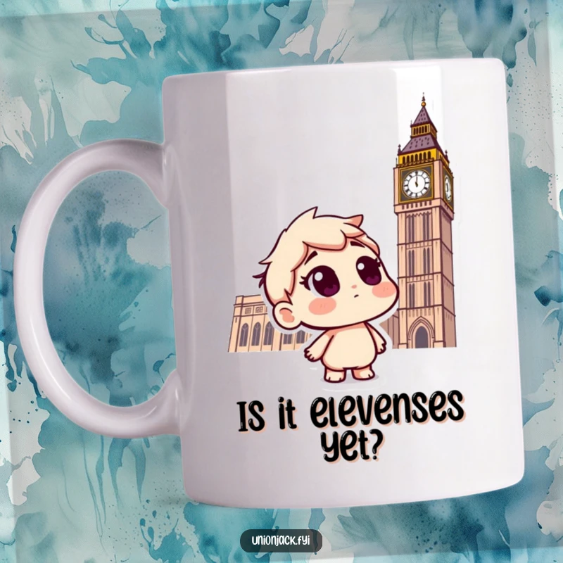 Funny mug featuring a curious character looking up questioningly at the majestic Big Ben clock tower in London.