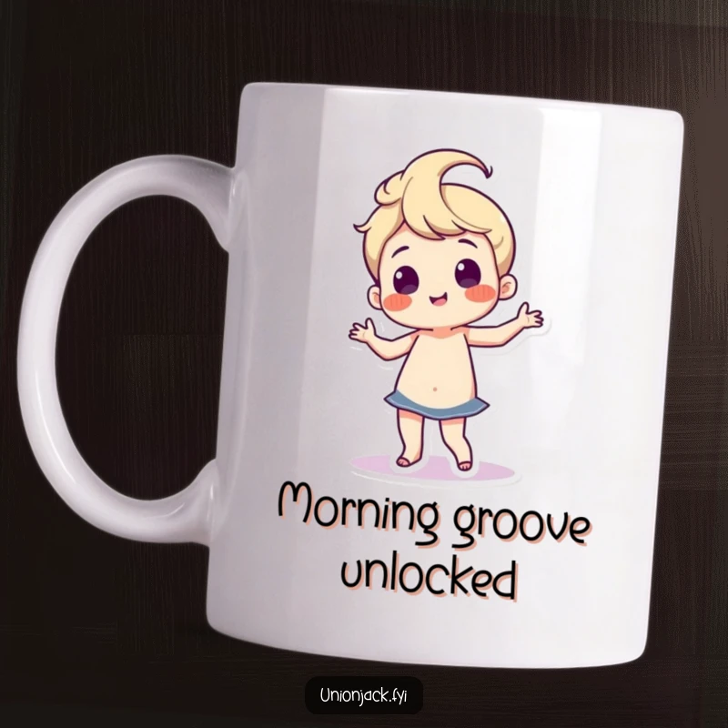 Funny mug showing a character doing a silly, proud dance with enthusiastic hip wiggles, radiating pure joy and humor.