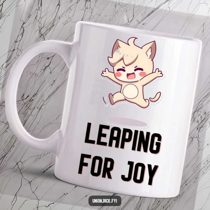 Funny mug featuring a character mid-playful jump, showing determination and a cheerful spirit. Dynamic and humorous illustration.