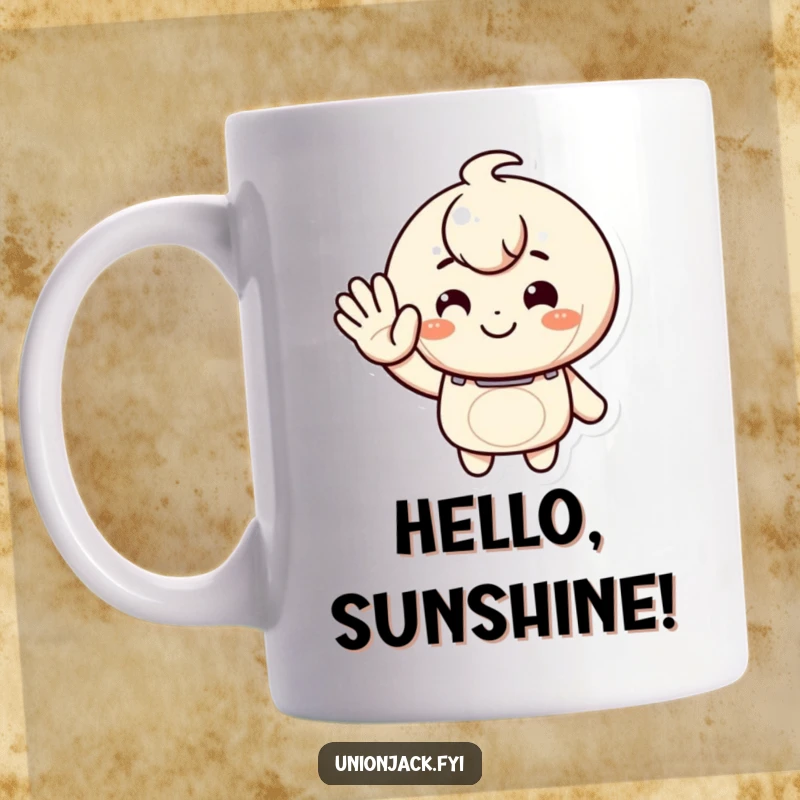 Funny mug depicting a character giving a warm, inviting wave with a genuine smile, radiating friendliness and humor.