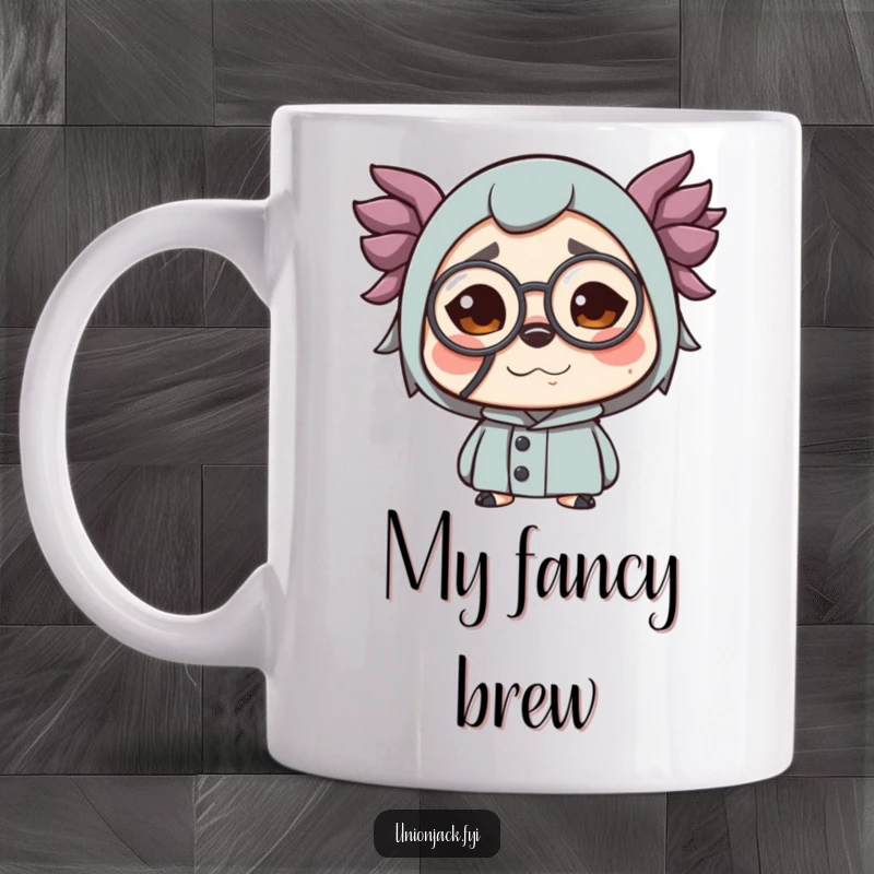 Funny mug featuring a character making a comical face while wearing a monocle. A humorous and distinguished illustration.
