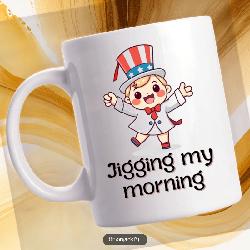 Funny mug featuring a happy character doing a patriotic jig, full of energy and festive national pride.