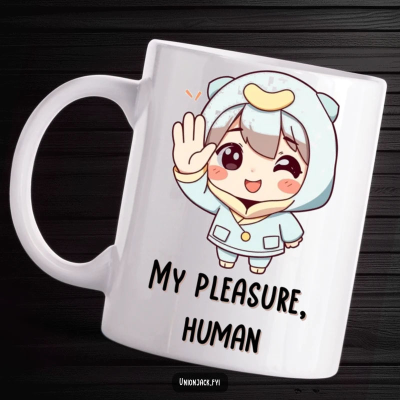 Funny Mug: Character salutes with extreme politeness and a wide, exaggerated smile, spreading cheerful energy.
