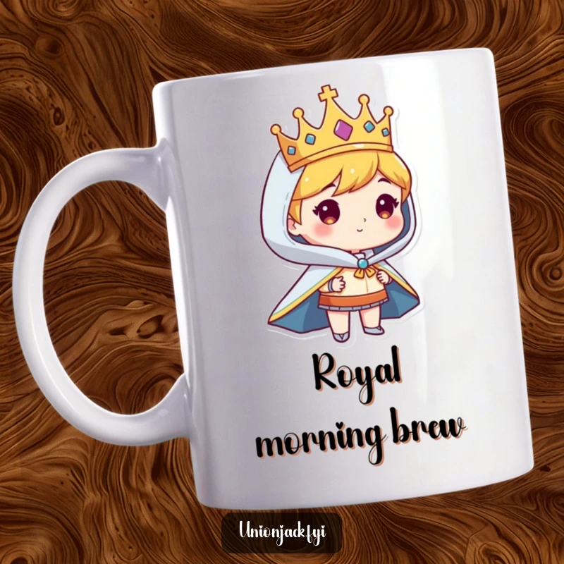 Funny mug depicting a character adorned with a crown and cape, exuding regal and humorous charm.