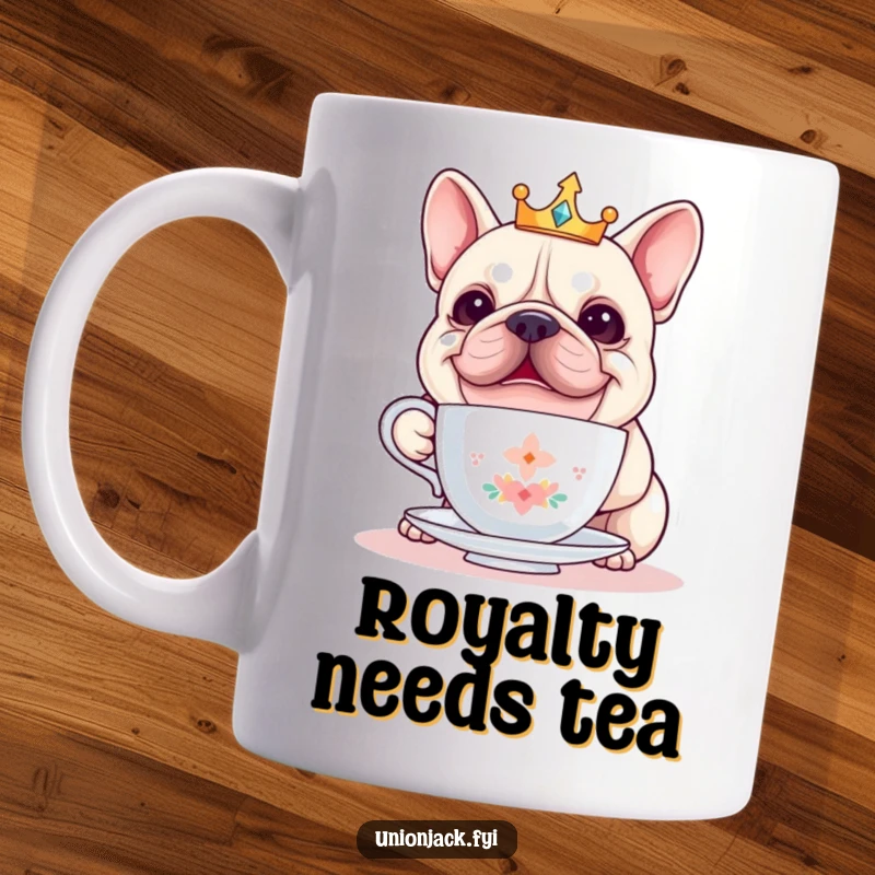 Funny bulldog mug shows a cheerful bulldog in a crown precariously balancing a teacup, exuding regal yet clumsy charm.