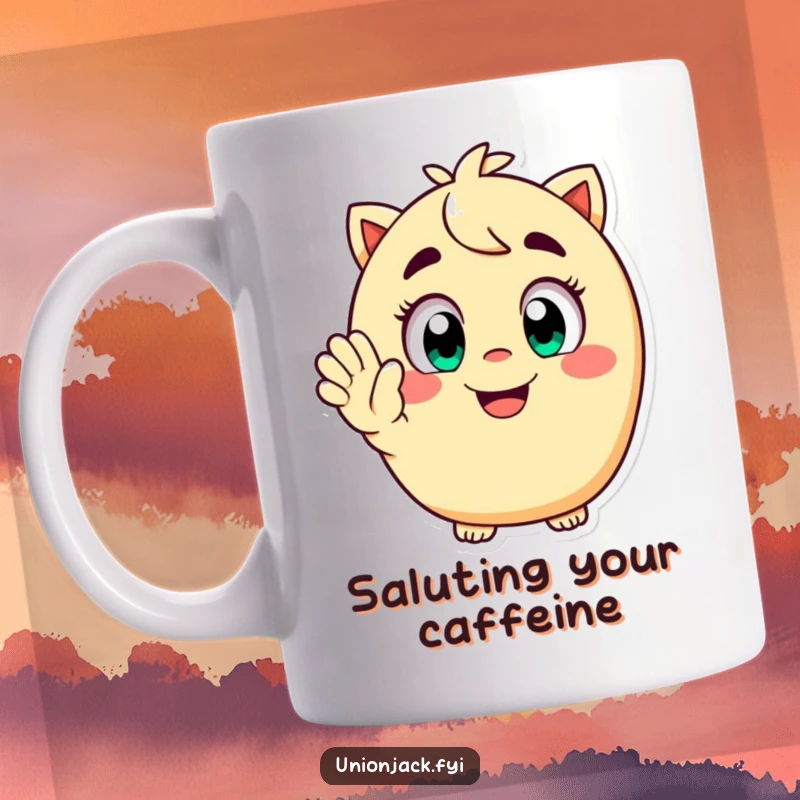 Funny mug featuring a happy character with wide eyes and a playful grin, giving a cheerful salute, perfect for adding humor to any desk.