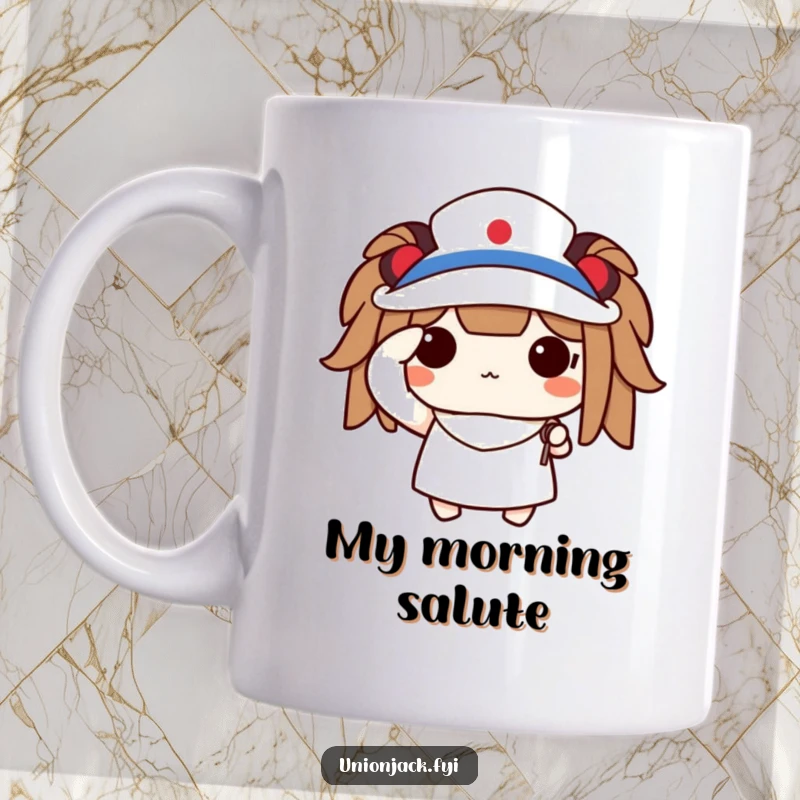 Funny mug featuring a cute character saluting proudly while holding a tiny flag, exuding patriotic spirit and charm.