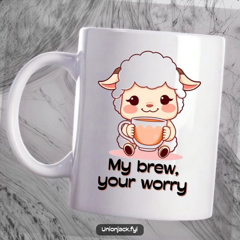 Funny mug showcasing a charming character with a sheepish grin, offering a warm cup of tea, perfect for a delightful and humorous beverage experience.