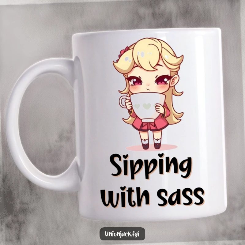 Funny mug showing a character holding a teacup with an exaggeratedly sophisticated pose, radiating high-brow humor and playful elegance.