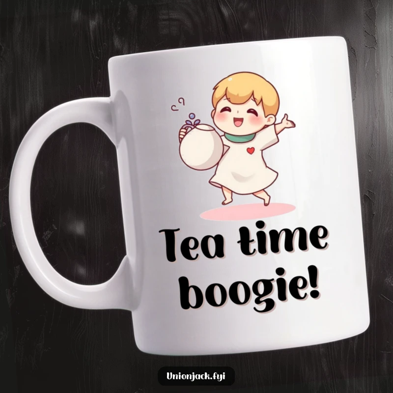 Funny mug showing a small cartoon character joyfully doing a jig with a teapot, celebrating tea time with glee.
