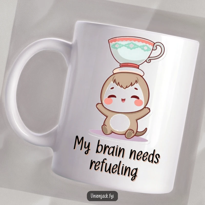 Funny mug featuring a smiling character comically balancing a teacup on its head, showcasing a lighthearted and quirky personality.