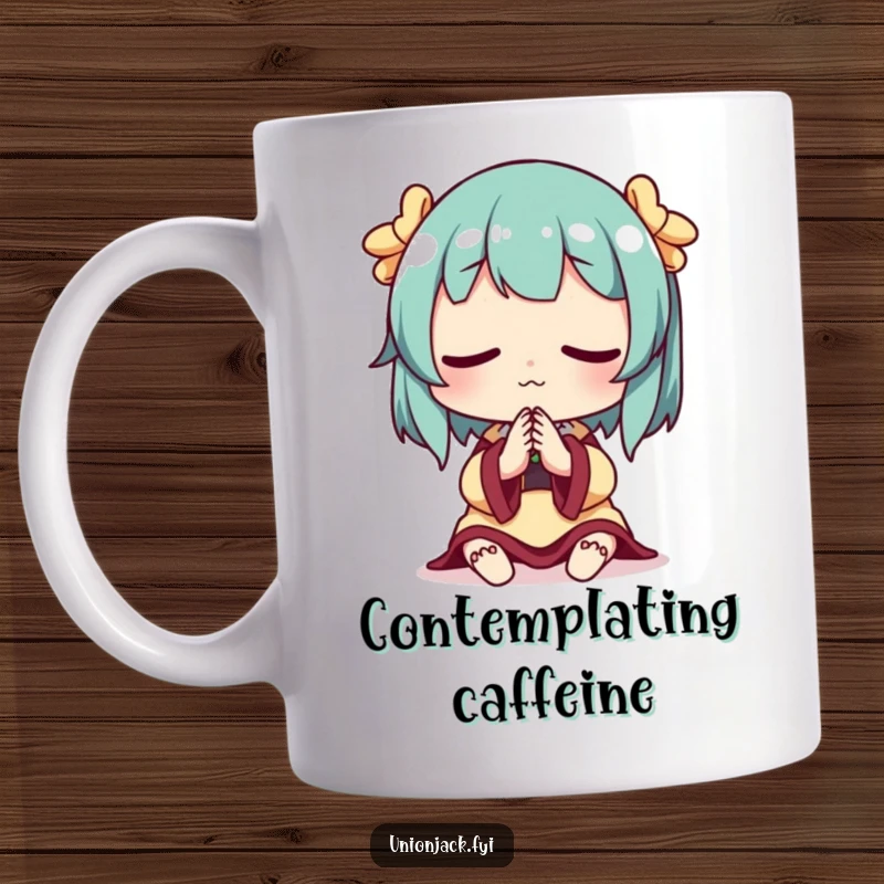 Funny mug with a character clasping hands, looking down thoughtfully, conveying contemplation and deep thinking.